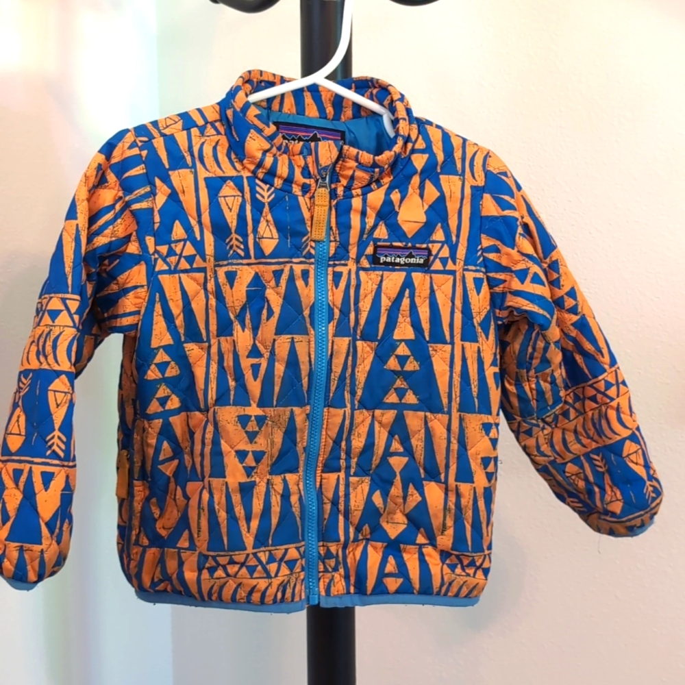 Patagonia 2T synthetic down jacket, orange and blue